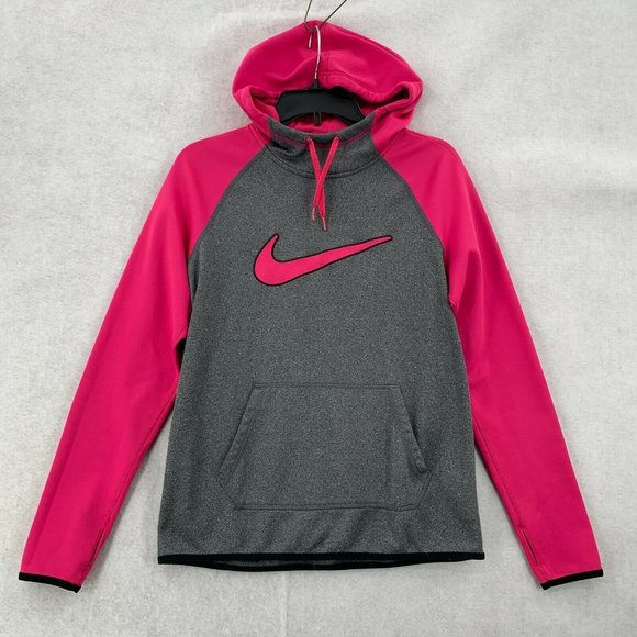 Nike Therma Fit Hoodie Sweatshirt Hot Pink Grey Pullover Thumb Holes Womens Sm